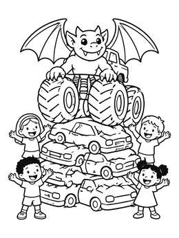 A friendly gargoyle monster truck coloring page atop crushed cars cheered on by children.