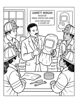 A detailed garrett morgan coloring page showing the inventor presenting his smoke hood to firefighters.