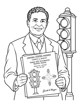A garrett morgan coloring page showing the inventor holding his traffic signal patent blueprint.