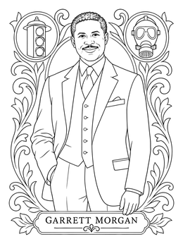 A detailed garrett morgan coloring page showing the inventor alongside a traffic signal and safety hood.