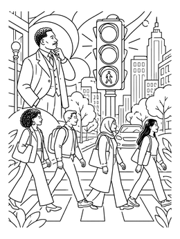 Pedestrians cross a street by a traffic signal in this Garrett Morgan coloring page.