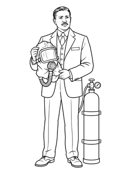Inventor in a classic suit holds his invention in this garrett morgan coloring page beside an air tank.