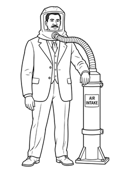 Inventor in a garrett morgan coloring page demonstrating his safety hood attached to an air intake tube.