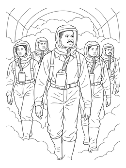 A historical garrett morgan coloring page showing him and his rescue team wearing safety hoods in smoke.