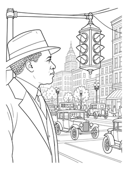 Inventor in profile beside a city signal in this Garrett Morgan coloring page.