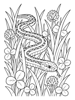 A detailed snake coloring page showing a garter snake gliding through meadow grass and clover blossoms.