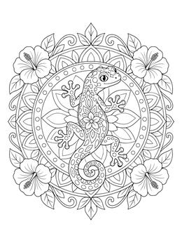 An intricate gecko coloring page framed by tropical hibiscus flowers and mandala patterns.
