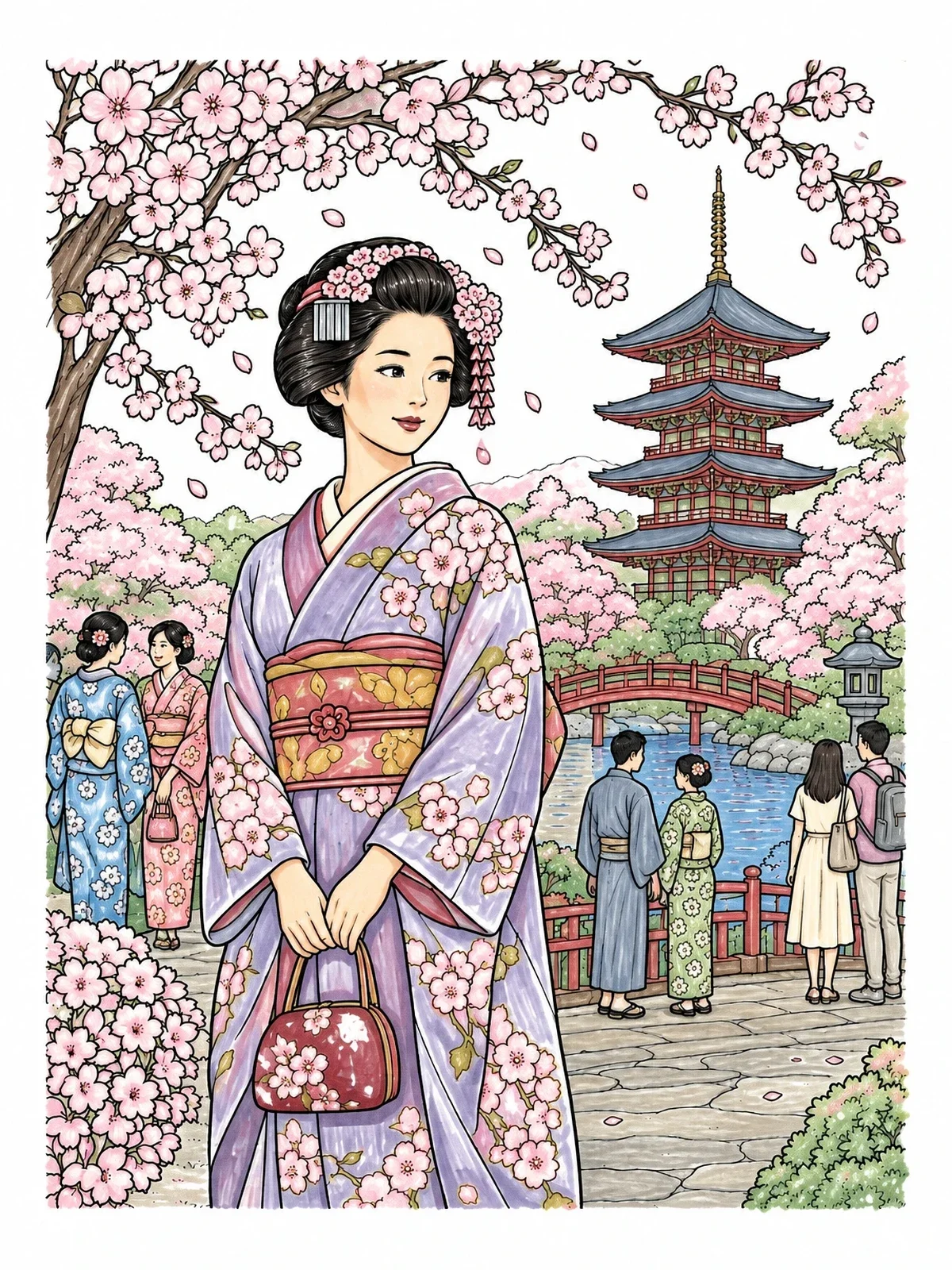 Colored example of the Geisha Among Cherry Blossoms And Pagoda coloring page