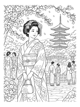 A detailed geisha coloring page showing a woman in kimono before a pagoda and spring blossoms.