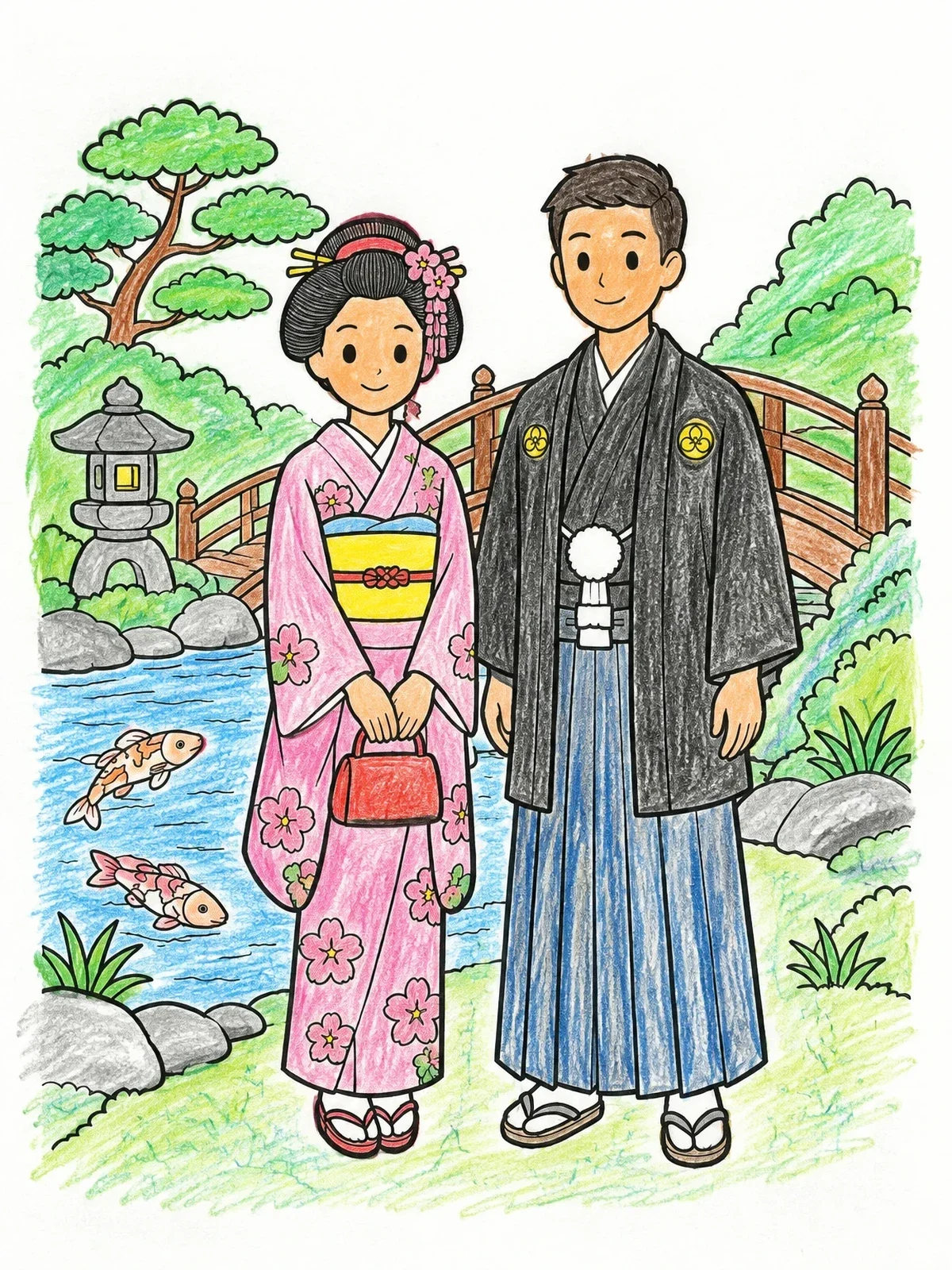 Colored example of the Couple In Japanese Garden With Bridge coloring page