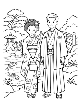 Free printable Couple In Japanese Garden With Bridge coloring page