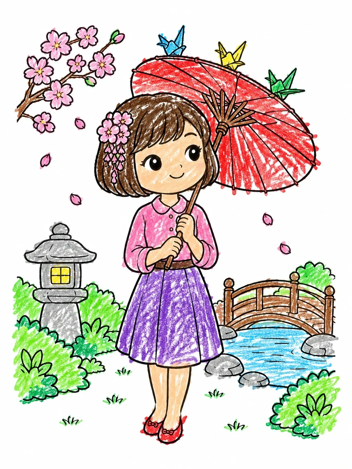 Colored example of the Cute Girl With Parasol And Paper Cranes coloring page