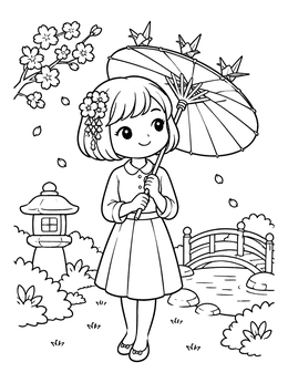 Free printable Cute Girl With Parasol And Paper Cranes coloring page