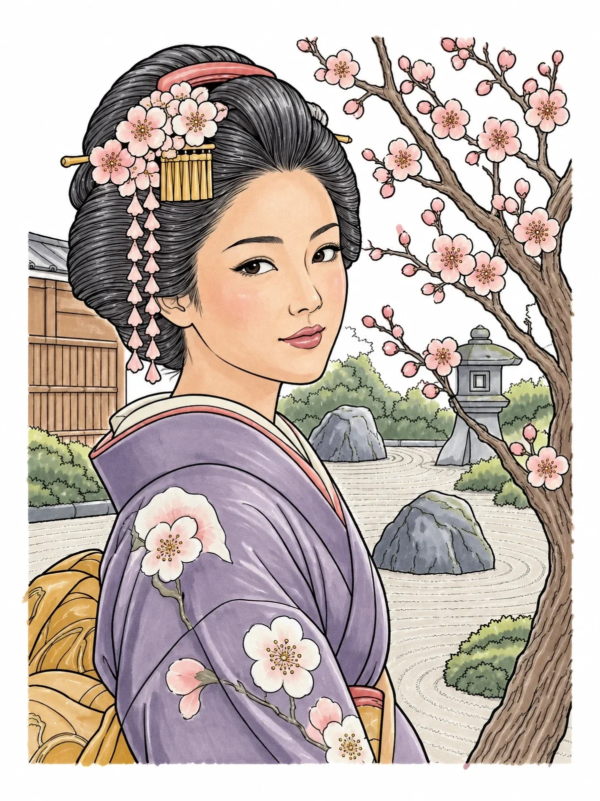 Colored example of the Geisha In A Serene Rock Garden coloring page