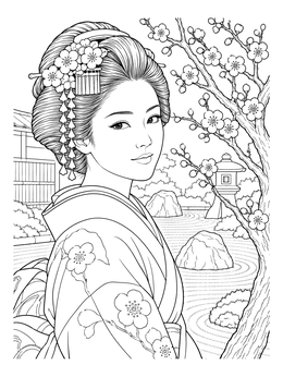 An elegant geisha coloring page showing a woman near plum blossoms and a zen stone garden.