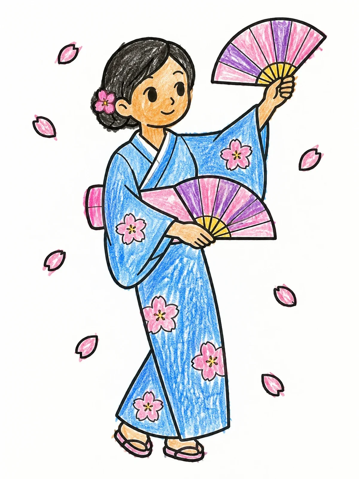 Colored example of the Japanese Fan Dance With Cherry Blossoms coloring page