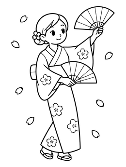 Free printable Japanese Fan Dance With Cherry Blossoms coloring page