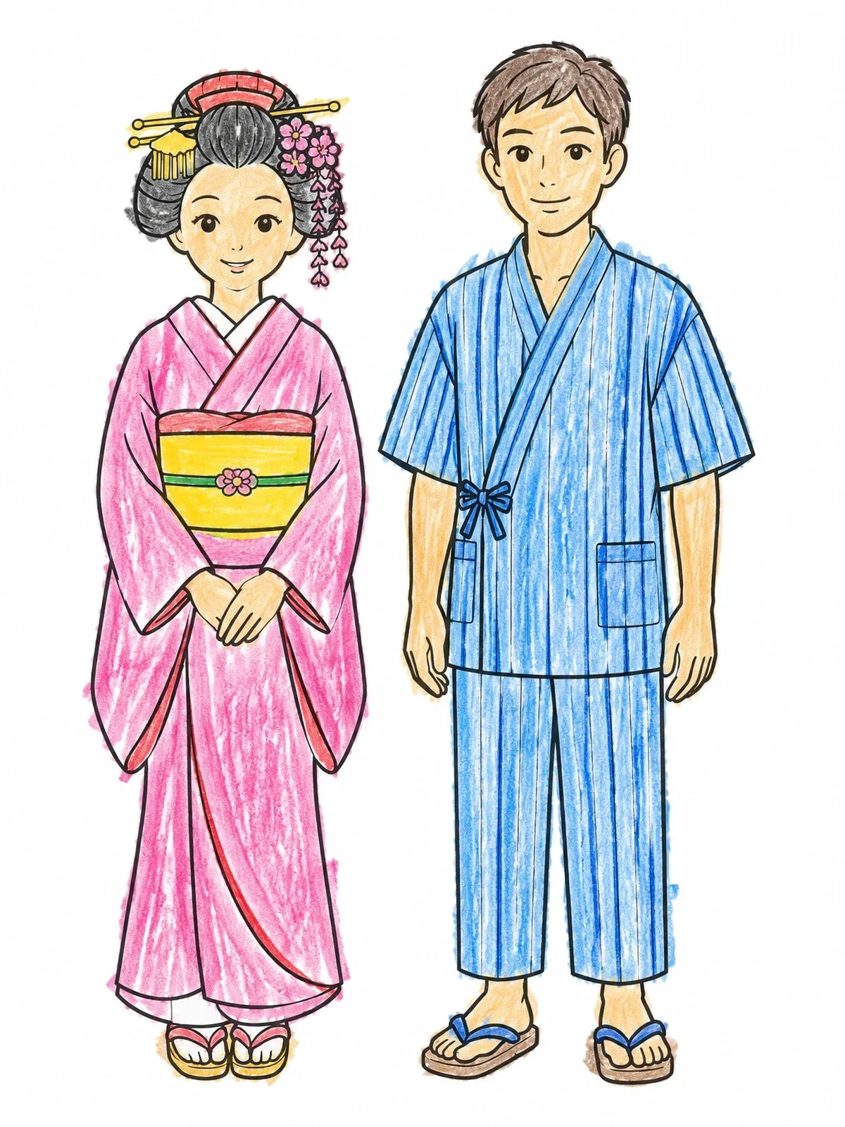 Colored example of the Japanese Maiko And Young Man In Kimono coloring page