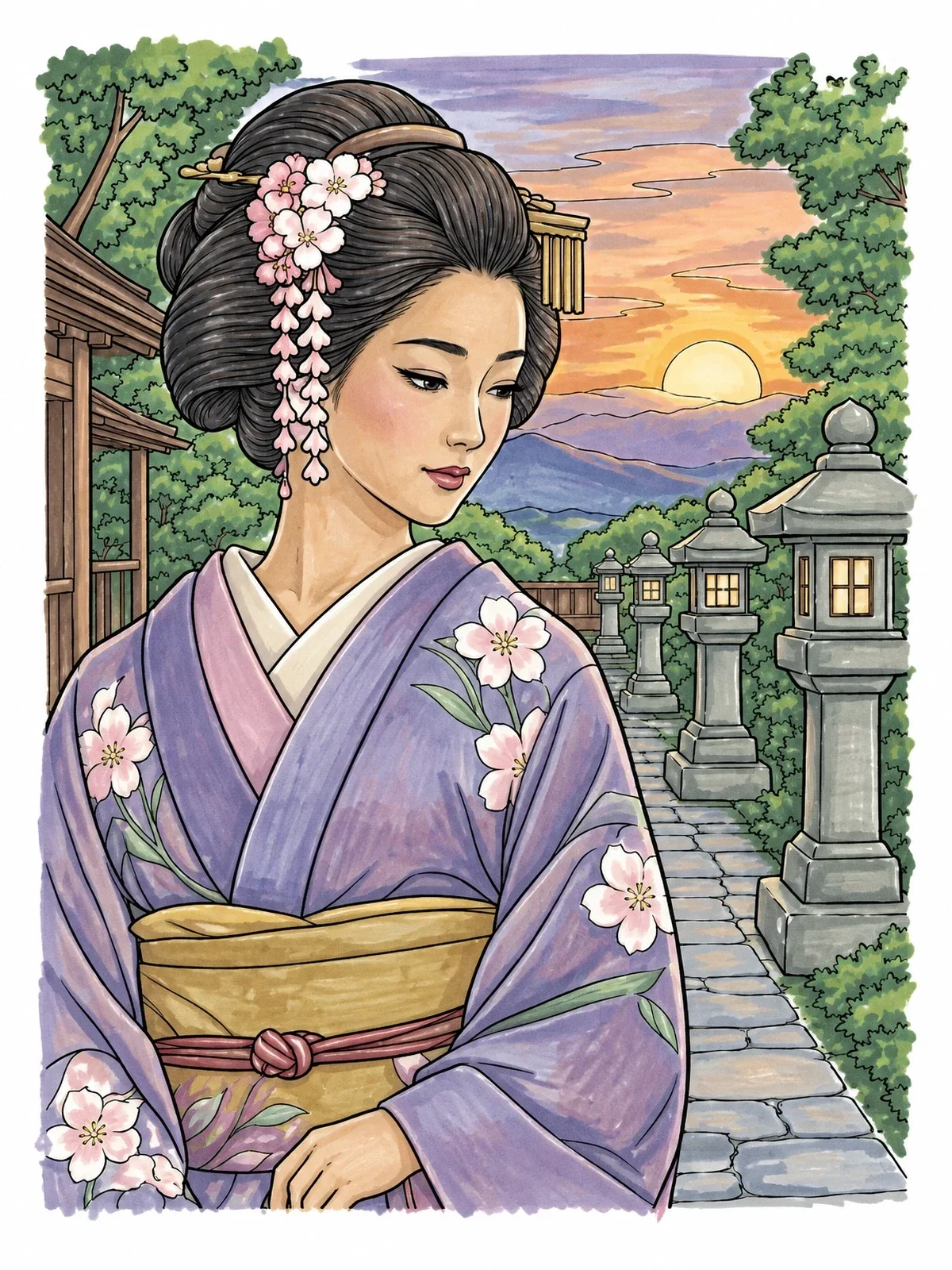 Colored example of the Geisha Strolling By Stone Lanterns coloring page