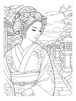 A serene geisha coloring page showing a woman in an elegant kimono beside a stone lantern pathway.