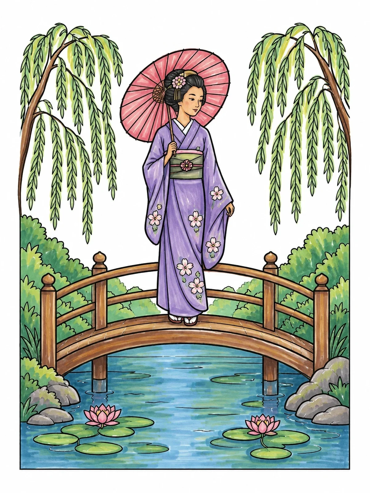Colored example of the Geisha On A Garden Bridge coloring page