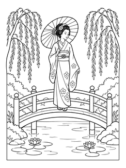 A peaceful geisha coloring page showing a woman with a parasol walking across a bridge.