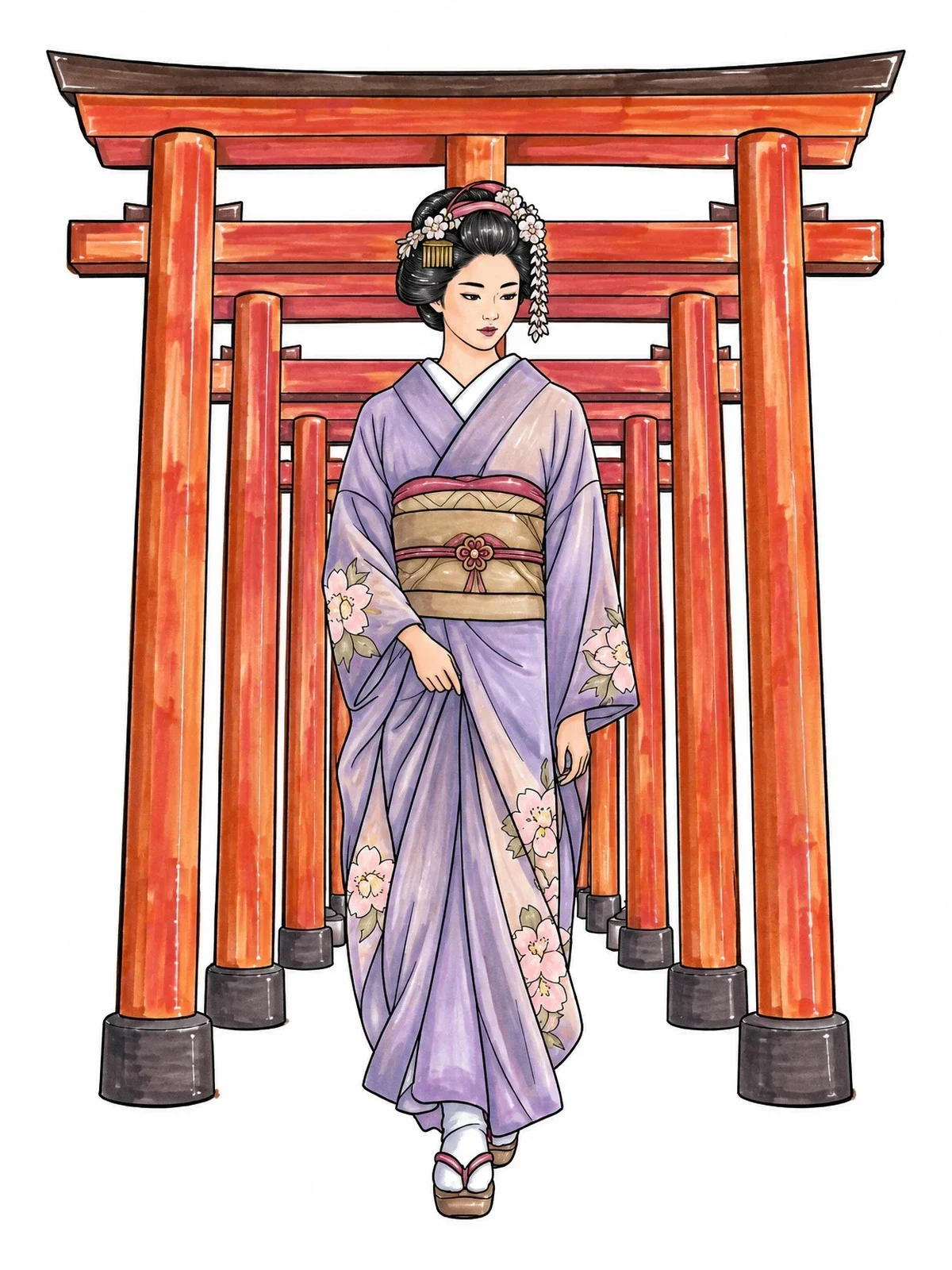 Colored example of the Geisha Walking Through Torii Path coloring page