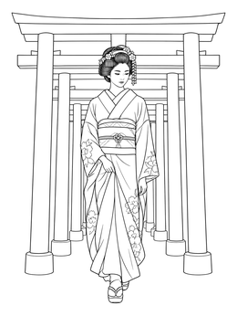 A graceful geisha coloring page showing a woman walking through traditional torii gates.