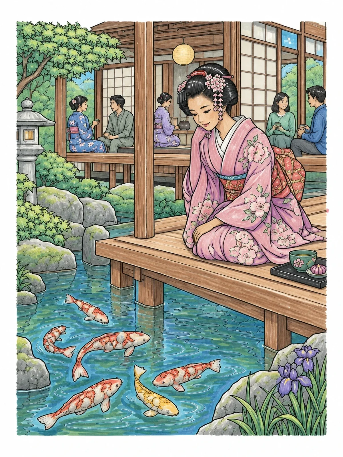 Colored example of the Geisha Watching Koi In Pond coloring page