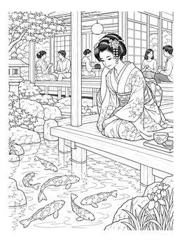 A serene geisha coloring page showing a woman in a floral kimono watching swimming carp.
