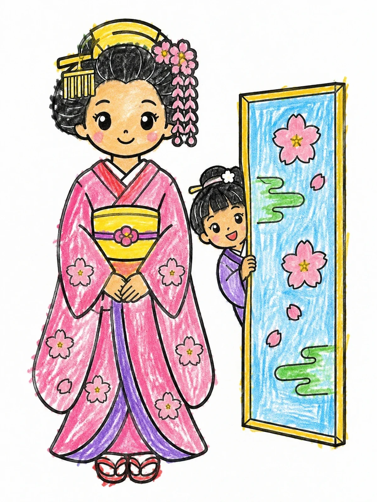 Colored example of the Young Apprentice Peeking Behind Screen coloring page