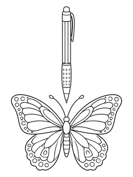 A sleek pen hovering over a symmetrical butterfly on this gel pen coloring page.