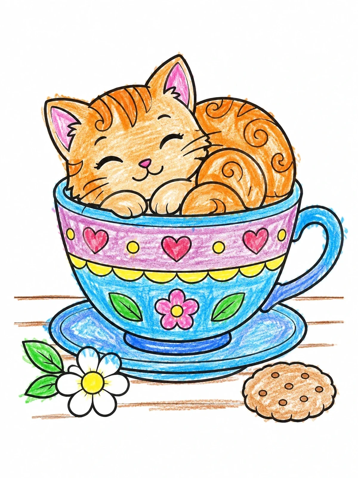 Colored example of the Cute Cat In A Patterned Teacup coloring page