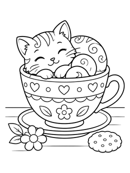 Free printable Cute Cat In A Patterned Teacup coloring page