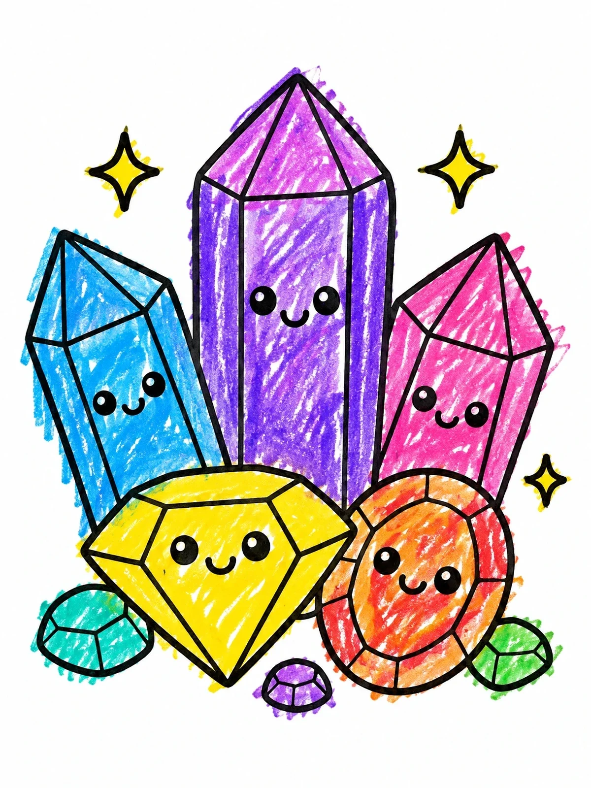 Colored example of the Cute Smiling Gemstones And Crystals coloring page