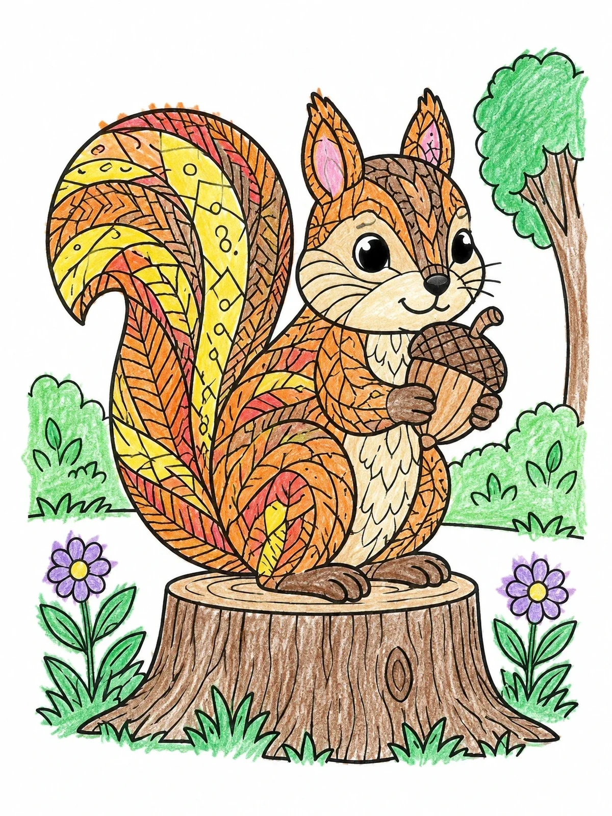 Colored example of the Cute Zentangle Squirrel With Acorn coloring page