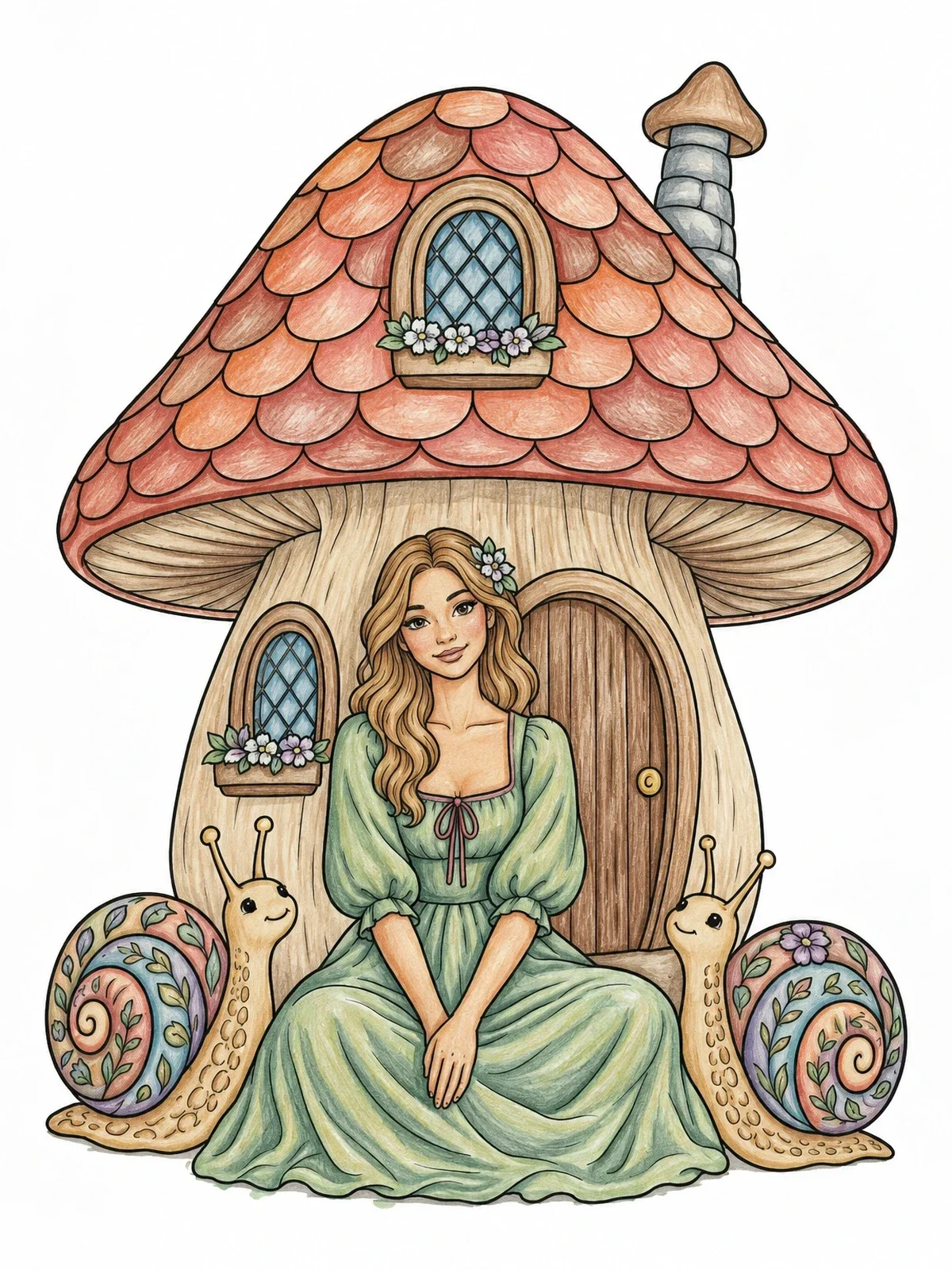 Colored example of the Fairy Maiden By Mushroom Cottage coloring page
