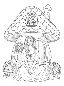 Whimsical fairy maiden sitting before a mushroom house on this gel pen coloring page.