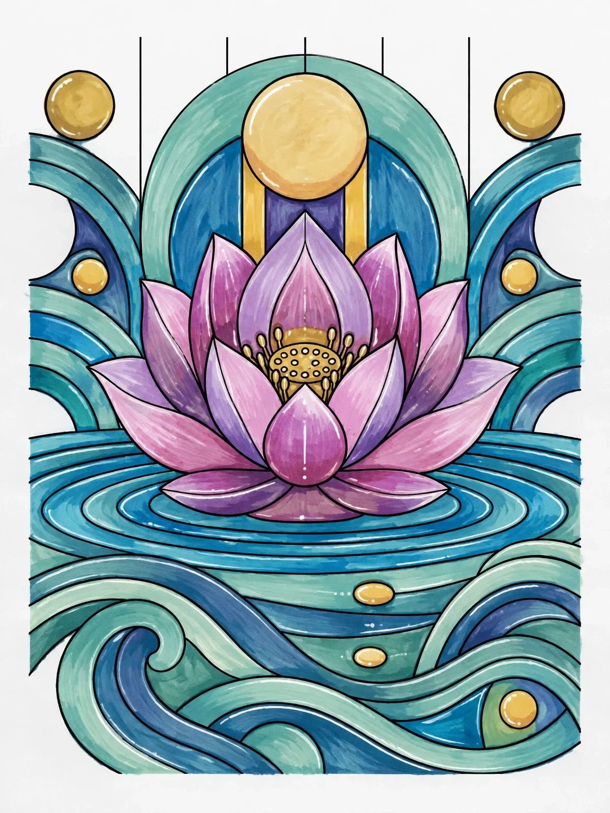 Colored example of the Geometric Lotus Flower On Water coloring page
