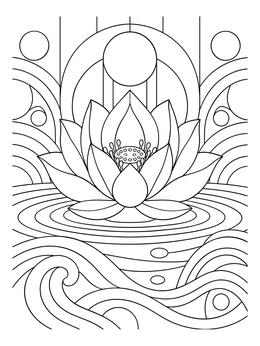 Geometric lotus flower floating on ripples in this gel pen coloring page.