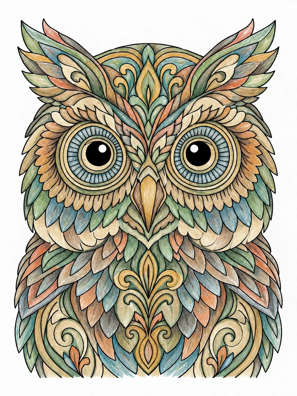 Colored example of the Intricate Mandala Owl Portrait coloring page