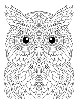 An intricate gel pen coloring page of an ornate owl face with decorative feather patterns.