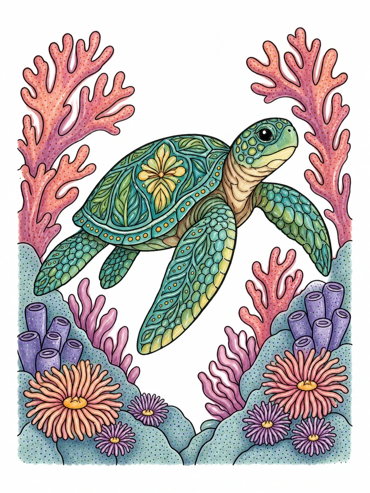 Colored example of the Intricate Sea Turtle And Coral Reef coloring page