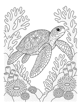 A detailed sea turtle glides through a coral reef on this gel pen coloring page.