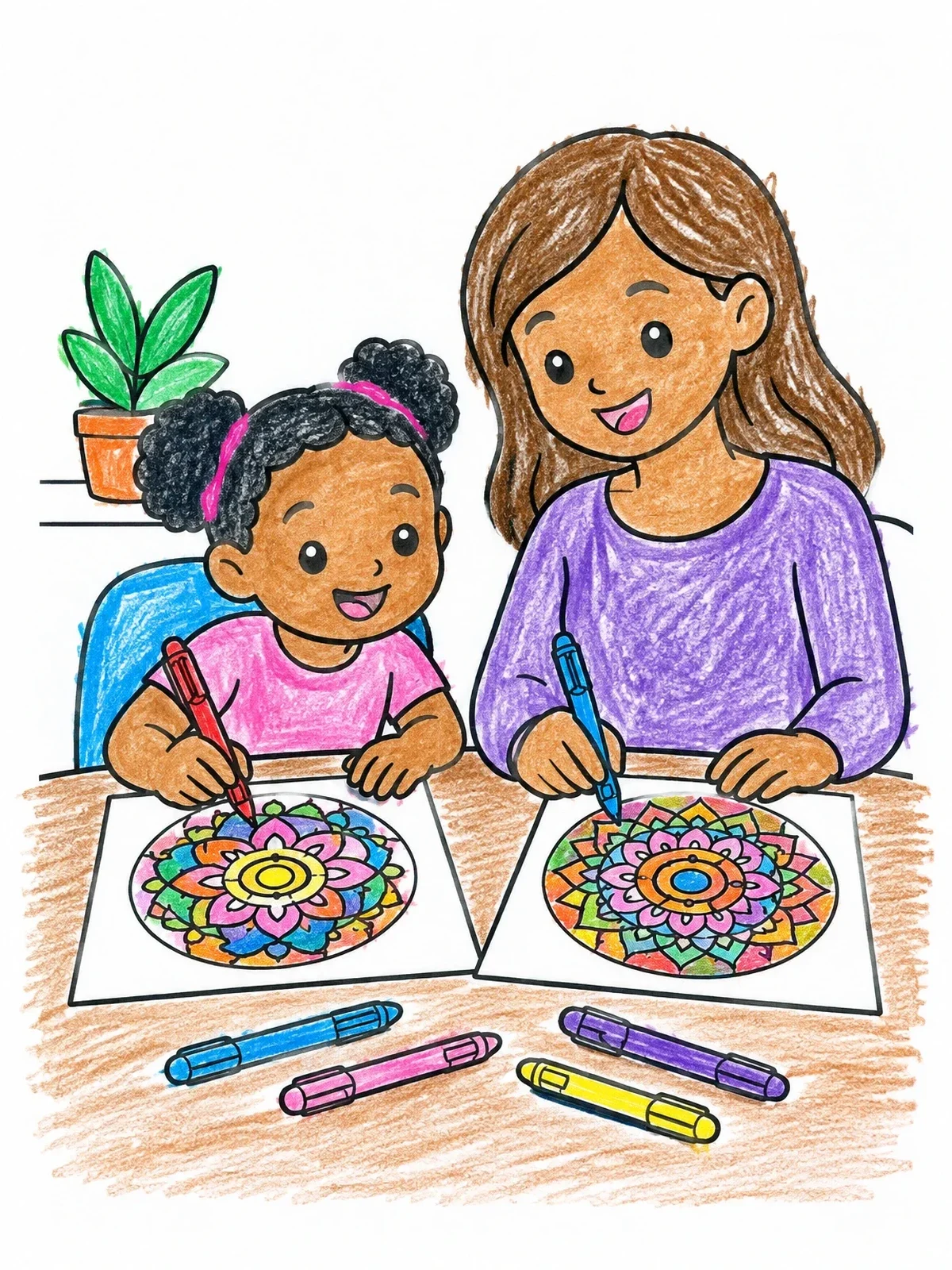 Colored example of the Mother And Child Drawing Mandalas coloring page