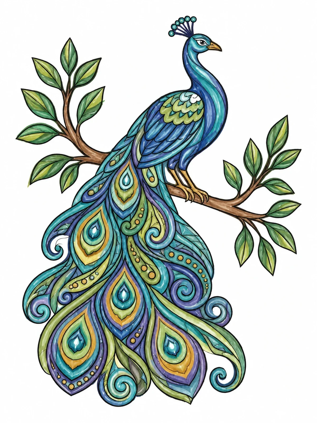 Colored example of the Ornate Peacock On Branch coloring page