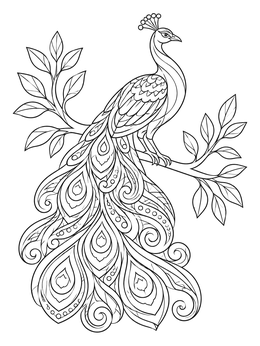 An intricate gel pen coloring page of a graceful peacock perched on a branch.