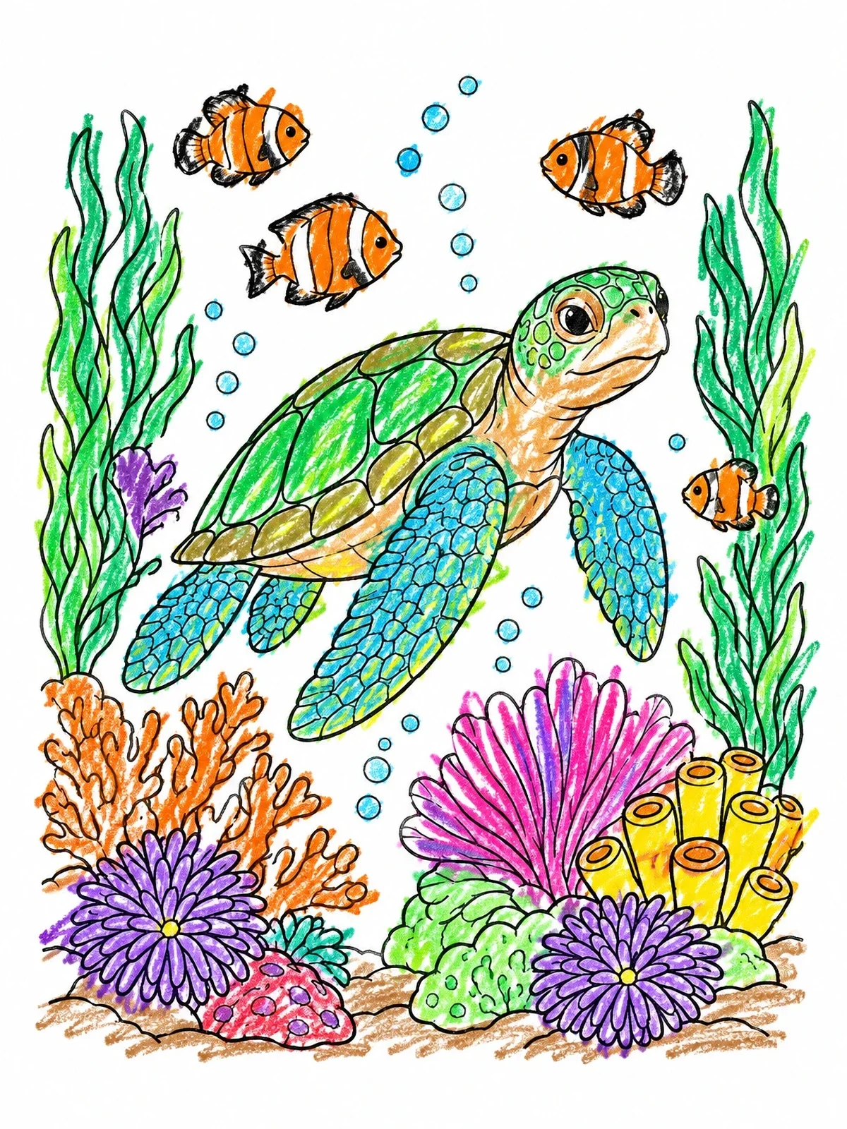 Colored example of the Sea Turtle On Coral Reef coloring page