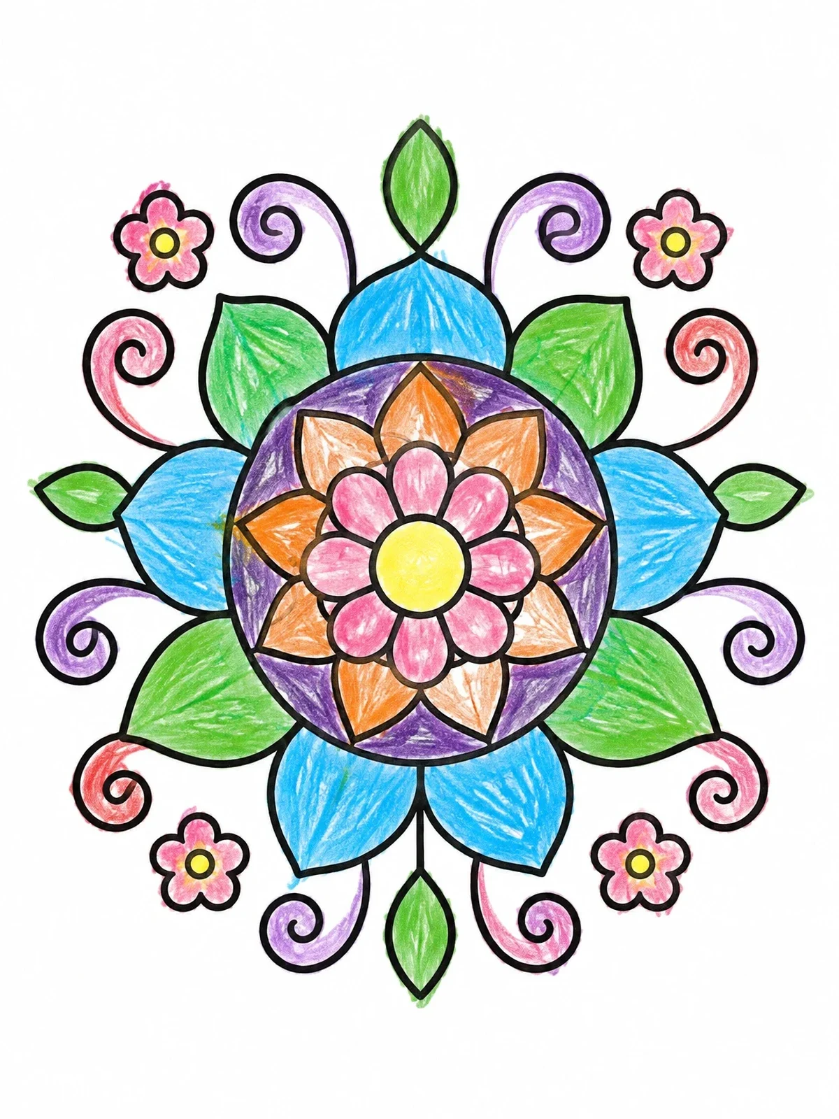 Colored example of the Simple Floral Mandala With Swirls coloring page