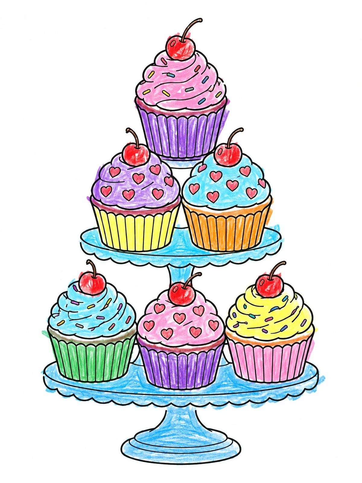 Colored example of the Tiered Cupcake Tower With Cherries coloring page